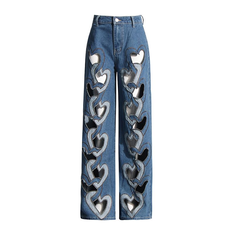 Women's Clothing Fashionable Design Straight Pants Summer New High Waist Printed Love Hollow Wide Leg Jeans_ecoleips.com