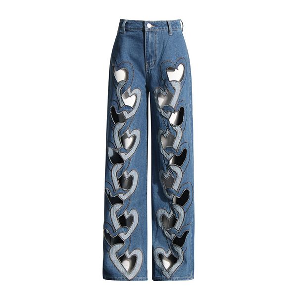 Women's Clothing Fashionable Design Straight Pants Summer New High Waist Printed Love Hollow Wide Leg Jeans_ecoleips.com