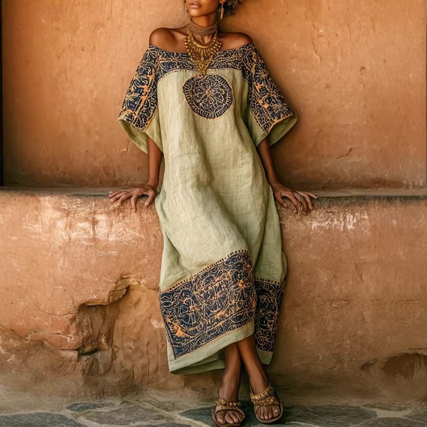 Bohemian Floral Print Maxi Dress For Women, Flowy Vacation Dress With Elegant U-Neck, Lightweight Breathable Tr Beach Dress, Relaxed Fit Midi Dress_ecoleips.com