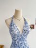 2026 European And American New Blue Floral Dress Fashion Temperament Casual Sweet Mesh Slim Skirt_ecoleips.com