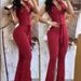 Women's Clothing Elegant V Neck Button Pockets, High Waisted Lace Up Solid Color Slim Fit Jumpsuit_ecoleips.com