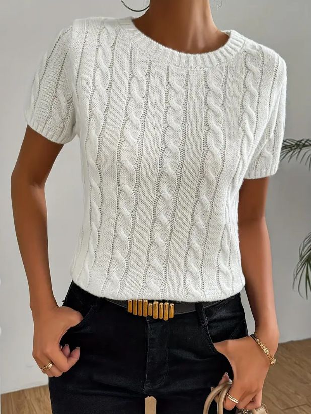 Summer New Women's White Ribbed Knit Sweater round Neck Short Sleeve Pullover Elegant And Stylish European American Style_ecoleips.com