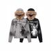 Vintage Distressed Hoodie With Faux Fur Trim – Unisex Streetwear Pullover, Oversized Fit, Letter Print, Retro Style (Black/Grey)_ecoleips.com