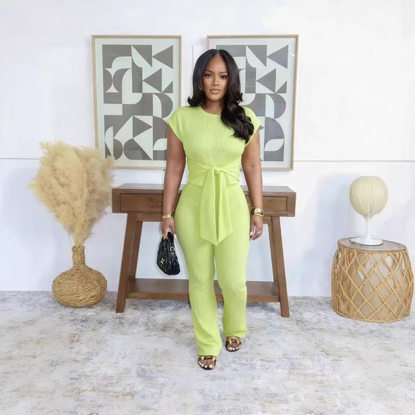 Women's Tie Waist Set Textured Fabric Versatile Two Piece Commuter And Casual Wear Mature Style_ecoleips.com