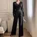 Women's Clothing Women's Elegant Temperament Solid Color Jumpsuit V Neck Long Sleeve Wide Leg Waist Cinching Spring Autumn Style_ecoleips.com
