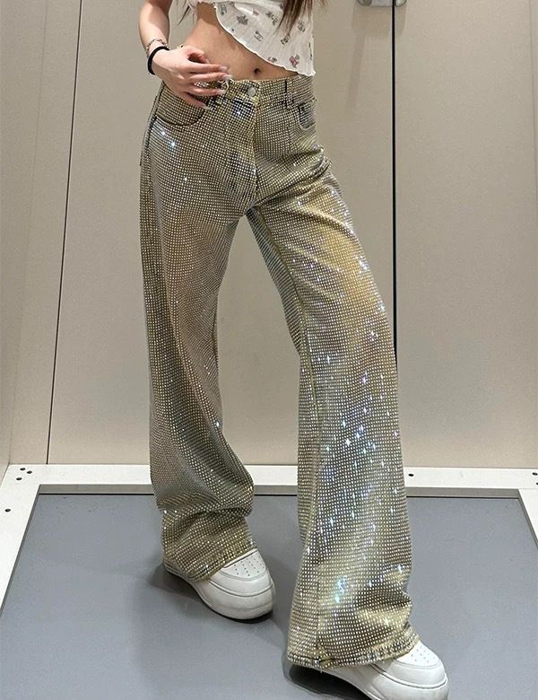 Glam Rhinestone Embellished Straight Leg Jeans - Trendy Girl Style Starry Denim Pants For Women_ecoleips.com