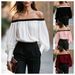 Women's Off-Shoulder Blouse European American Style Loose Fit Lantern Sleeve Solid Color Top_ecoleips.com