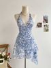 2026 European And American New Blue Floral Dress Fashion Temperament Casual Sweet Mesh Slim Skirt_ecoleips.com