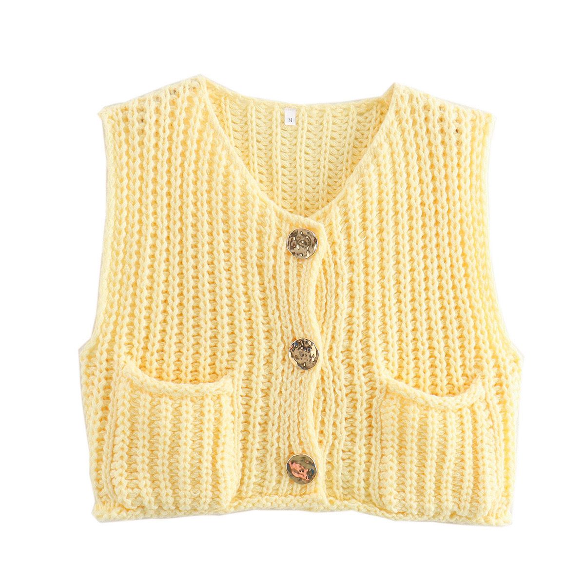 Women's Clothing Autumn And Winter V Neck Pocket Three Button Sleeveless Cardigan Knitted Vest_ecoleips.com