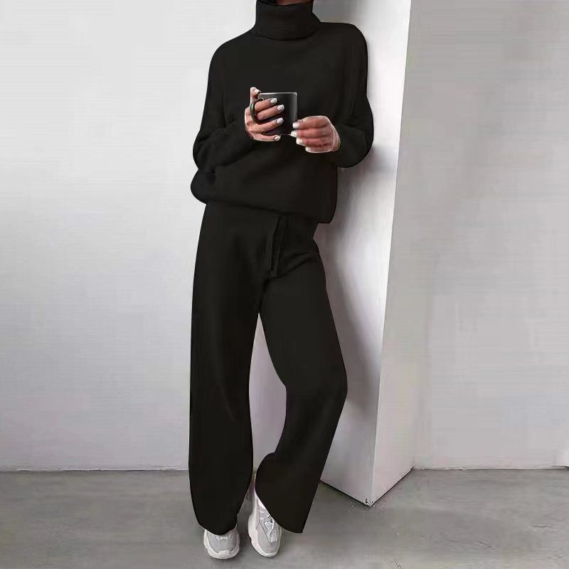 Large Size Women's Autumn And Winter Turtleneck Solid Color Patchwork Knitting Two-Piece Pants Top_ecoleips.com