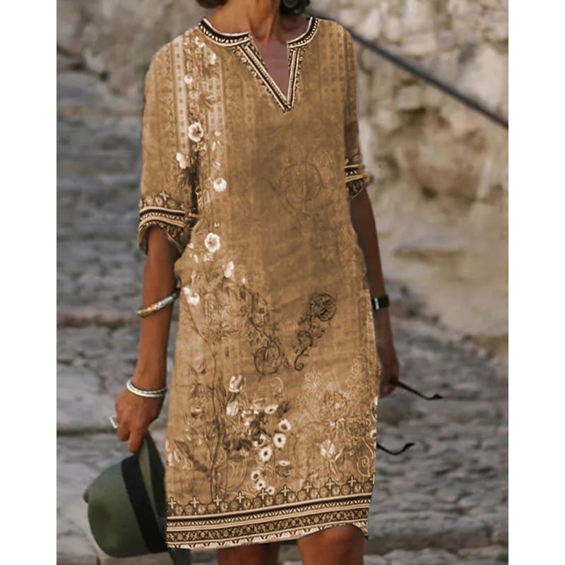 Women's Ethnic Style Printed Casual V Neck Dress Spring Summer New Fashion_ecoleips.com