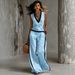 Women's Casual V Neck Color Block Cotton Linen Top with Wide Leg Pants Set Independent Store New Arrivals Summer Wear_ecoleips.com