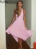 Hugcitar Elegant Halter Solid V Neck Backless Patchwork Lace Sexy Pleated Midi Dress Summer Women Beach Vacation Outfit Party_ecoleips.com