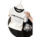 Women's Black White Color Block Splicing Round Neck Short Sleeve Knit Top Summer New Arrival_ecoleips.com