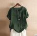 Summer Retro Women's Crew Neck Short Sleeve T-Shirt plus Size Casual Loose Button Cotton Linen Pullover Top Solid Color_ecoleips.com