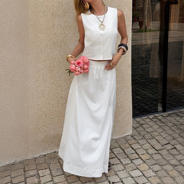 Women's Clothing Women's Elegant Simple Round Neck Solid Color Midi Skirt Suit Spring Summer For Formal & Casual_ecoleips.com