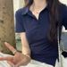Plus-size Sexy Women's Slit Solid Color Plus-size Polo Shirt, Summer Short-sleeve T-shirt, Slim-fit Casual Turn-down_ecoleips.com