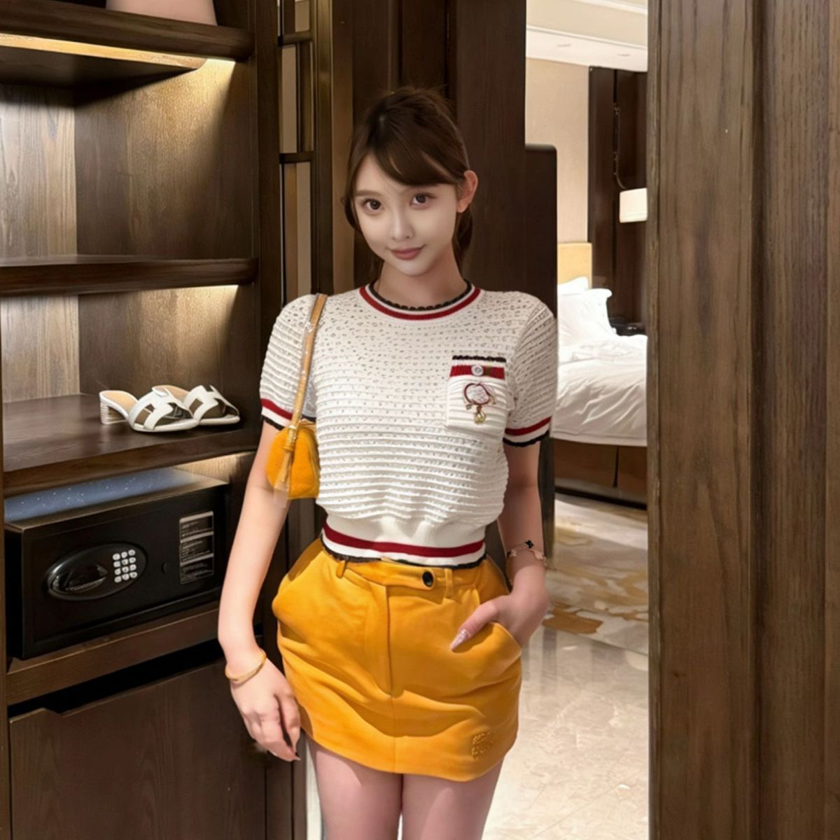 Elegant Classic Striped 26 New Style Heavy Embroidery Hollow Design Fashionable Knitted Short-Sleeve Breathable Top For_ecoleips.com