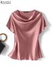 ZANZEA Summer Fashion Satin Blouse Women Short Sleeve Solid Shirt Female Casual OL Work Tunic Tops Elegant Loose Blsuas Oversize_ecoleips.com