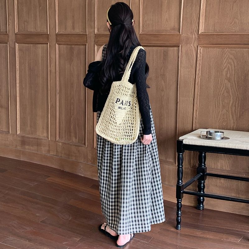 Autumn New Korean Fashion Cardigan + Plaid Vest 2-Piece Set Maternity Dress_ecoleips.com
