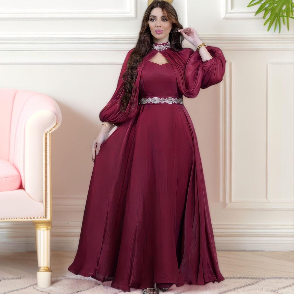3823 Muslim Fashion Women's Clothing Waist-Cinching Strap Large Cape Long Sleeve Two-Piece Dress Set_ecoleips.com