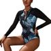 Women's One Piece Swimsuit European American Style Long Sleeved round Neck Mesh Patchwork Printed Zipper Triangle Surfing Suit_ecoleips.com