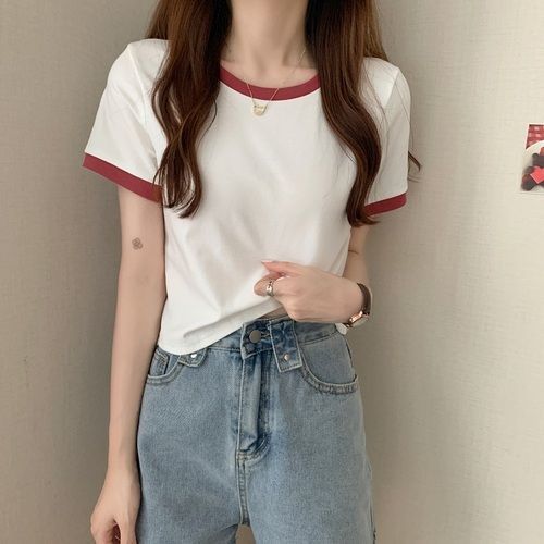2022 New Summer Bottoming Shirt Korean Version Slim-fit Short Student Top Trendy Contrasting Color Round Neck Short-sleeved T-shirt Women_ecoleips.com