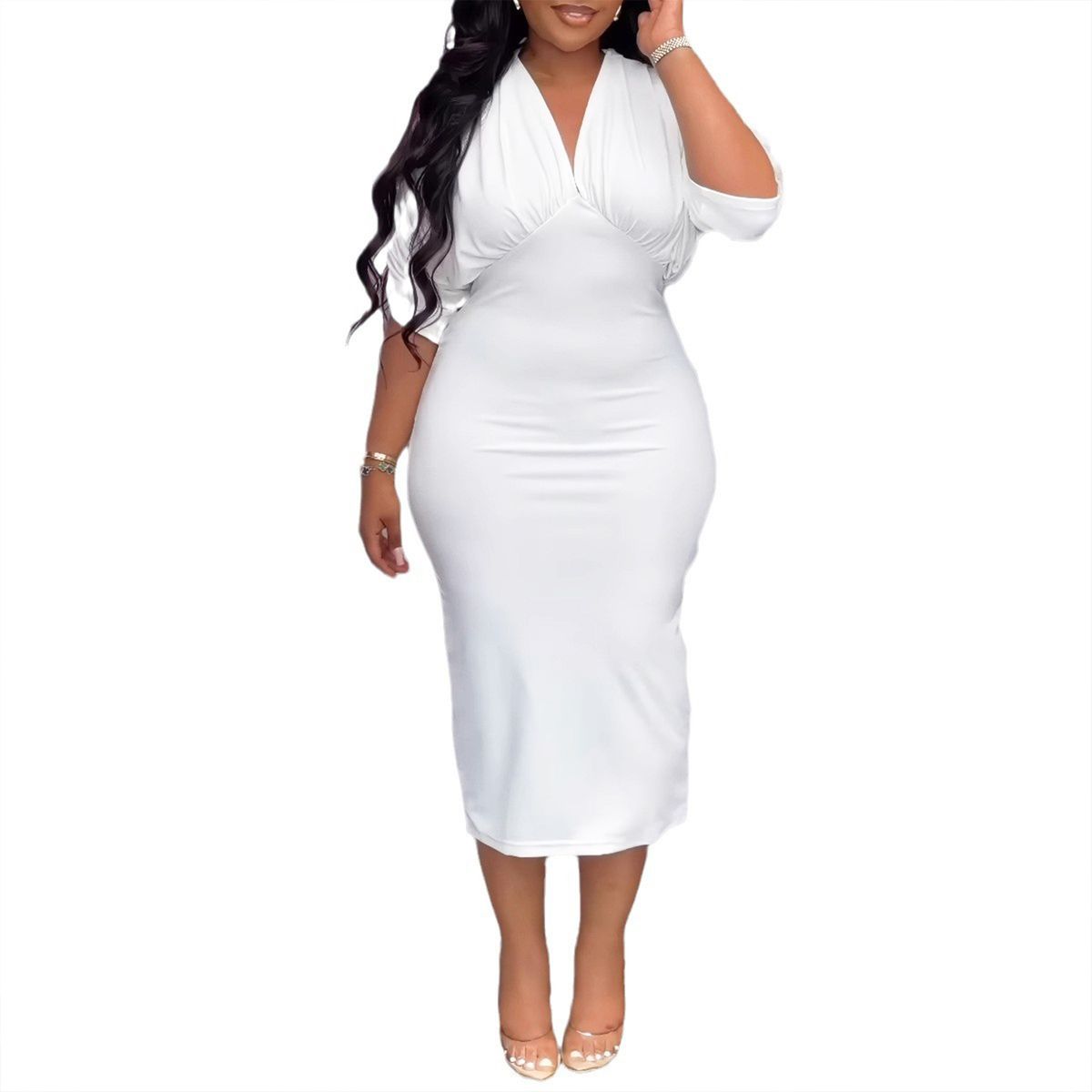 Women's Clothing V Neck Strappy Back Hollow Slit Hip Dress_ecoleips.com