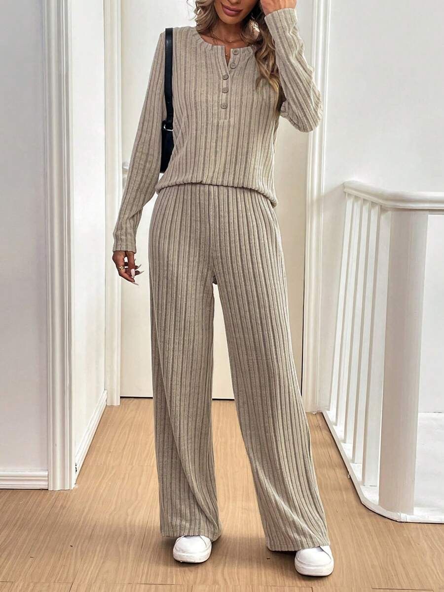 Women's Clothing Fashion Casual Straight Pants Temperament Loose Button Pit Striped Knitted Suit_ecoleips.com