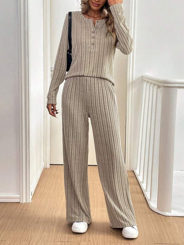 Women's Clothing Fashion Casual Straight Pants Temperament Loose Button Pit Striped Knitted Suit_ecoleips.com