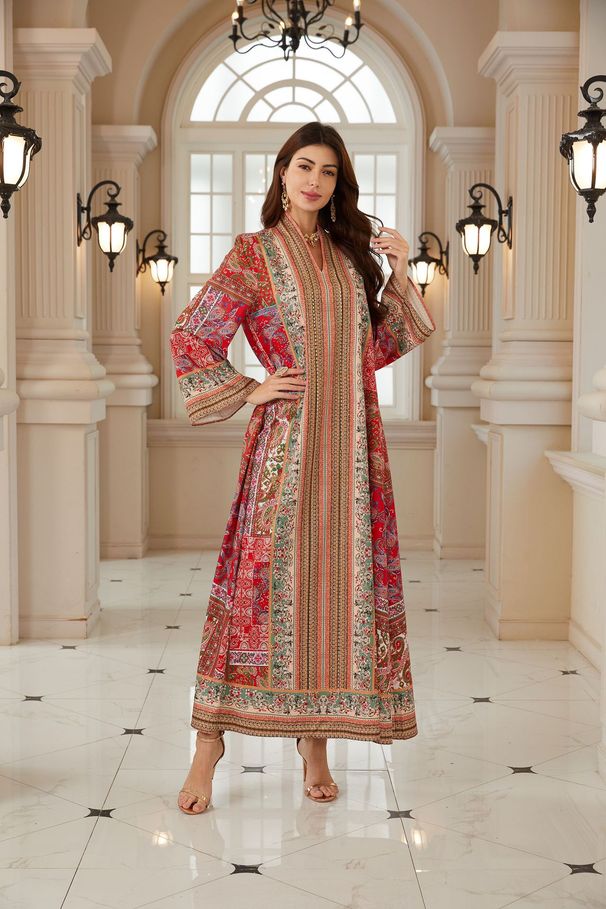 Women's Bohemian Style Printed Robe Turkish Dress BX01 Cross Border in Stock Muslim Fashion Clothing_ecoleips.com