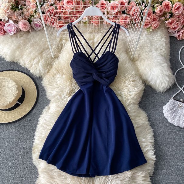 Petite Strapless Mini Dress V Neck Backless Sleeveless Fitted Waist a Line Nightclub Style Sexy Women's Clothing_ecoleips.com