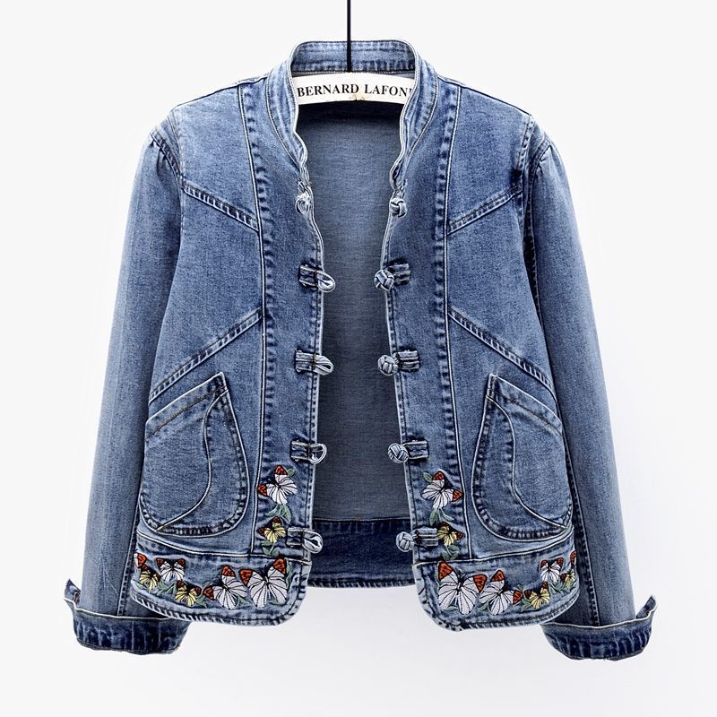 Women's Stretch Denim Jacket With Chinese Embroidery - Slim Fit Short Casual Spring Autumn Vintage Coat_ecoleips.com