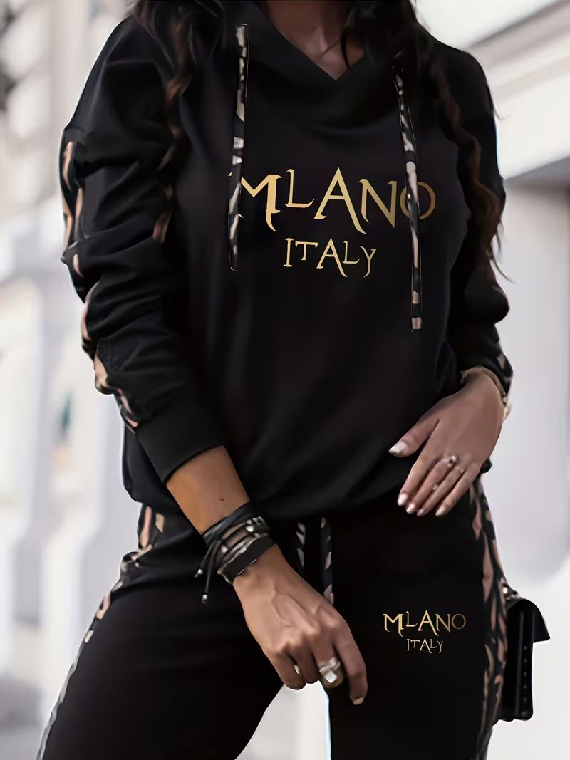 Minimalist Letter Print Hoodie And Jogger Set Casual Two-Piece Outfit for Women in Black/White Sizes S-XXL_ecoleips.com
