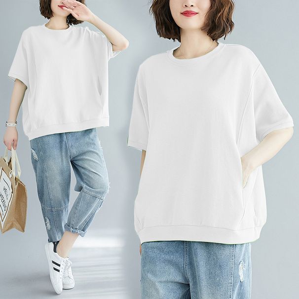 Large Size Women's Clothing Summer Loose Large Size Meat-covering And Thin Top Solid Color Round Neck Age-reducing Short-sleeved T-shirt_ecoleips.com