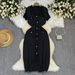 Women's Clothing V Neck Short Sleeved Sweater Dress Waist Temperament Knitted Dress_ecoleips.com