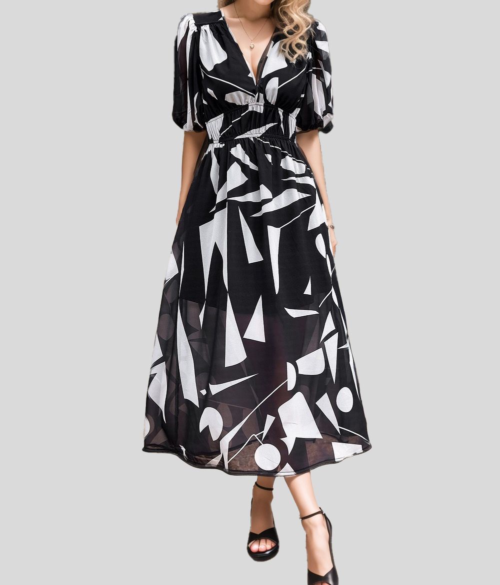 Women's Clothing Spring And Summer Hot Style V Neck Printed Waist Dress Fashion_ecoleips.com