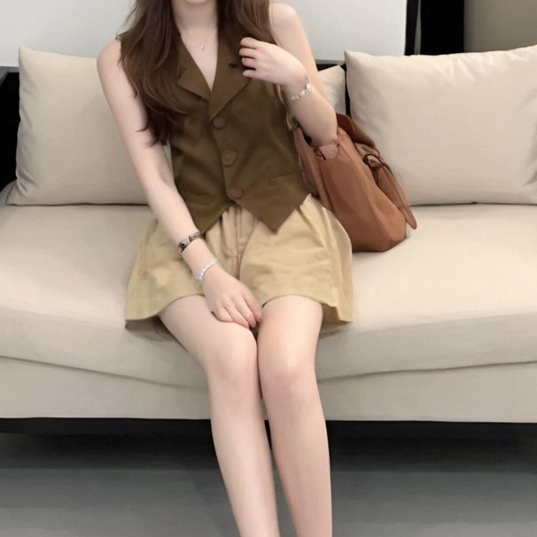 Korean Style Fashionable's Suit With Blazer Collar Vest Top And Casual Versatile Wide-Leg Shorts Two-Piece Set For_ecoleips.com