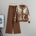 Effortless Elegance Women's Two-Piece Set – Knit Cardigan With Wide-Leg Pants & Metallic Buckle Detail (Brown/Bluish/Black, One Size Fits Most)_ecoleips.com