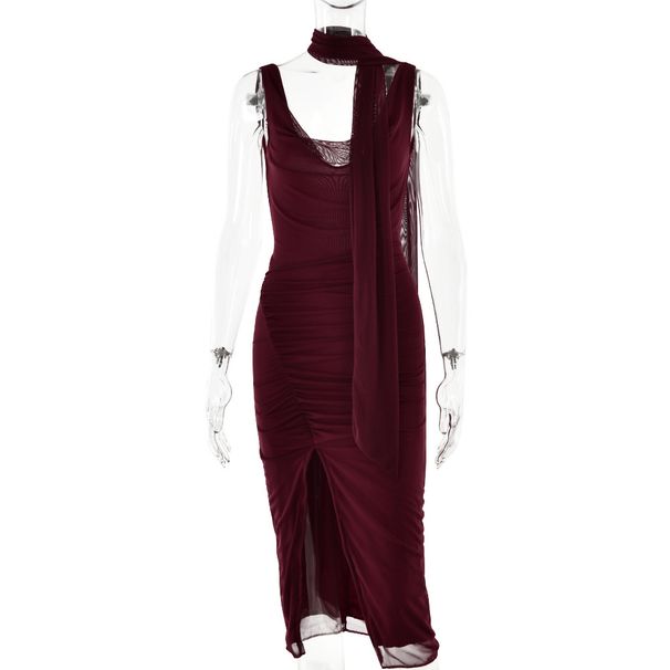 Sexy Women Sheer Mesh Patchwork Cowl Neck Sleeveless Slip Dress Open Back High Slit Slim Bodycon Party Dress_ecoleips.com