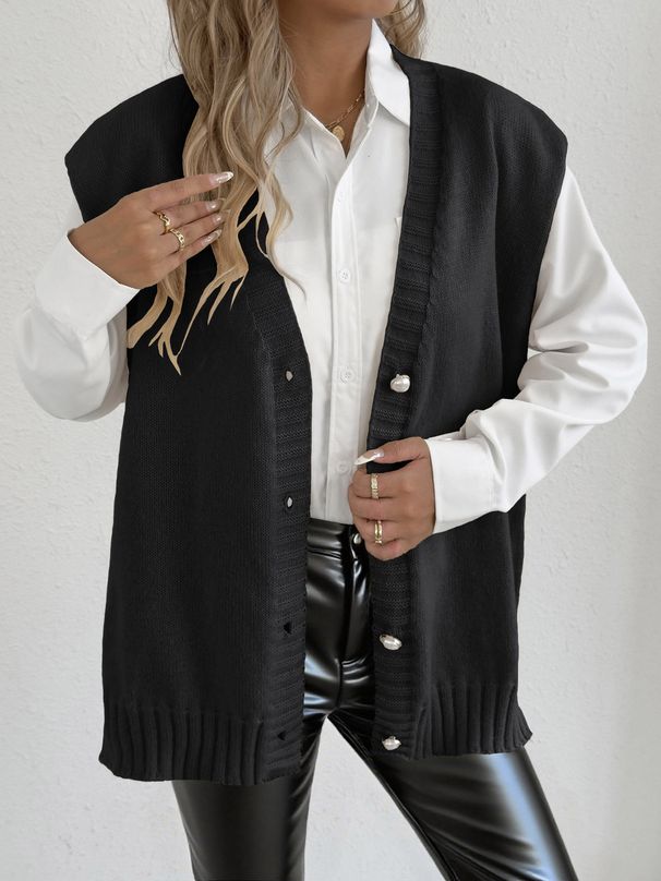 Women's Oversized Cardigan Vest With Pearl Buttons - Casual Longline Knit Sweater Vest For Fall & Winter - V-Neck Open Front Coatigan_ecoleips.com