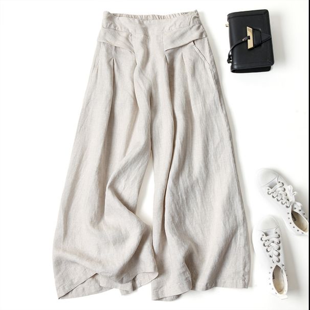 Women's Cotton Linen Wide Leg Pants And Skirts Loose Fit High Waist Slimming Cropped Semi Elastic Waist Bottoms_ecoleips.com