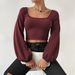 Voya Women's New Wine Red Square Neck Short Knitted Top For Spring And Summer, Long Sleeved Retro Lantern Sleeves, Slim Fit Bottom Shirt_ecoleips.com