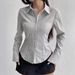 Women's Blue Striped Fitted Button Down Shirt, Long Sleeve Slim Fit Office Blouse With Flare Cuffs For Casual & Business Wear_ecoleips.com