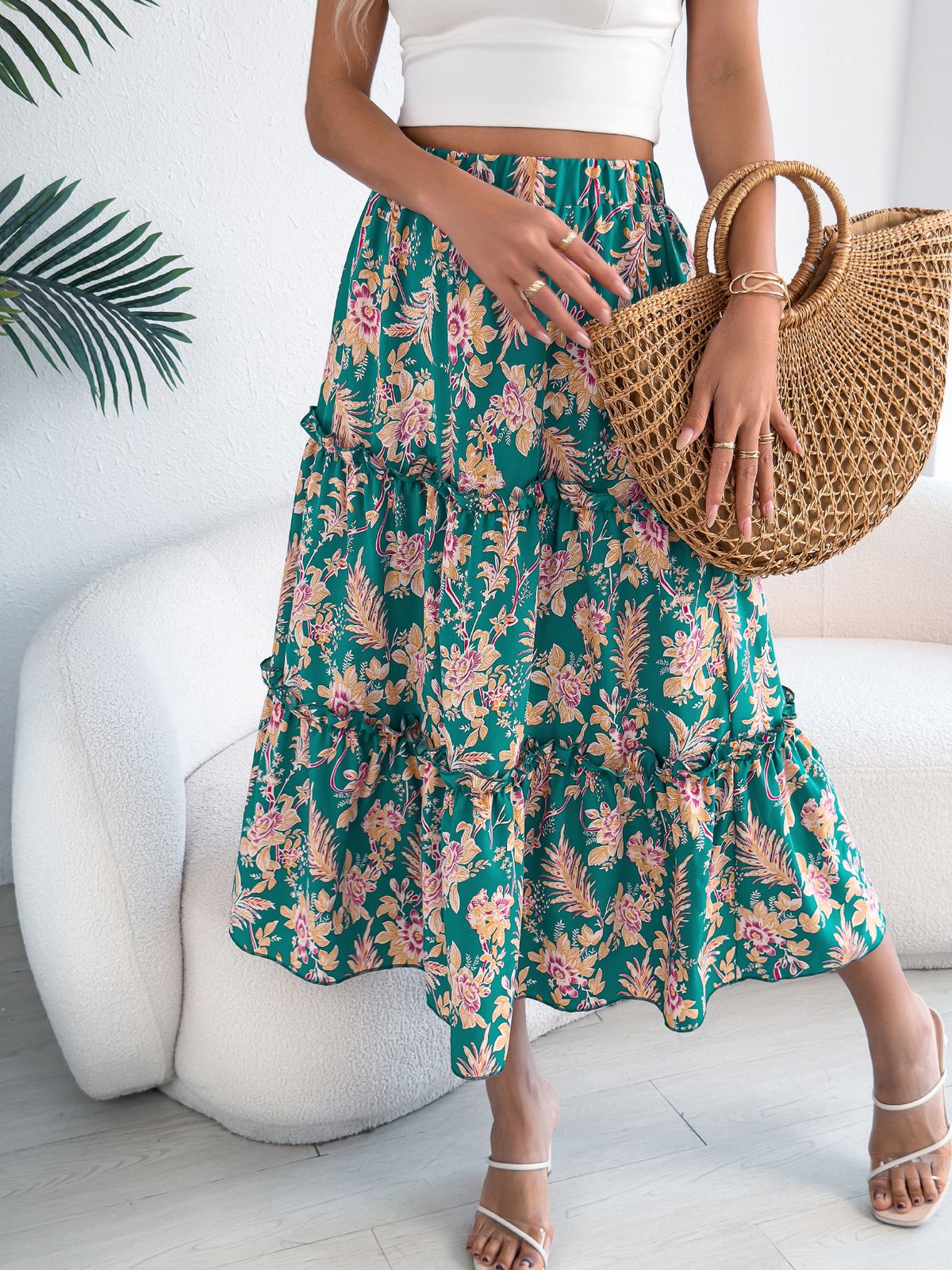 2026 Spring/Summer European And American Casual Floral Ruffle Hem Mid-Length Beach Skirt Cross-Border Women's_ecoleips.com