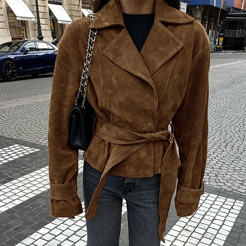 Women's Suede Belted Trench Coat With Notched Lapel - Elegant Fall/Winter Office Wear In Classic Brown_ecoleips.com