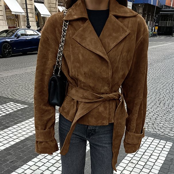 Women's Suede Belted Trench Coat With Notched Lapel - Elegant Fall/Winter Office Wear In Classic Brown_ecoleips.com