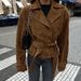 Women's Suede Belted Trench Coat With Notched Lapel - Elegant Fall/Winter Office Wear In Classic Brown_ecoleips.com
