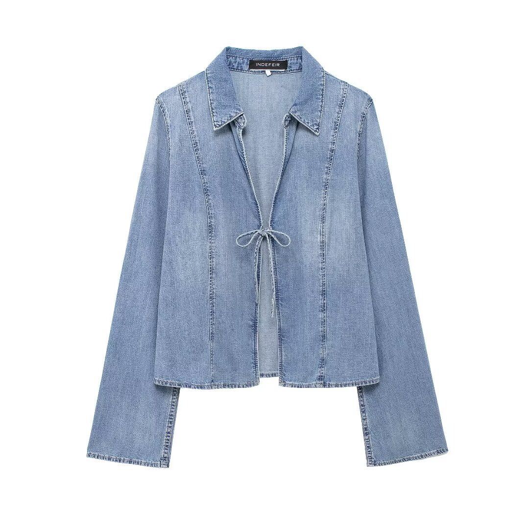 Women's Clothing Women's Bow Tie Denim Shirt - Stylish & Versatile Casual Top For Streetwear Fashion_ecoleips.com