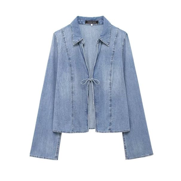 Women's Clothing Women's Bow Tie Denim Shirt - Stylish & Versatile Casual Top For Streetwear Fashion_ecoleips.com
